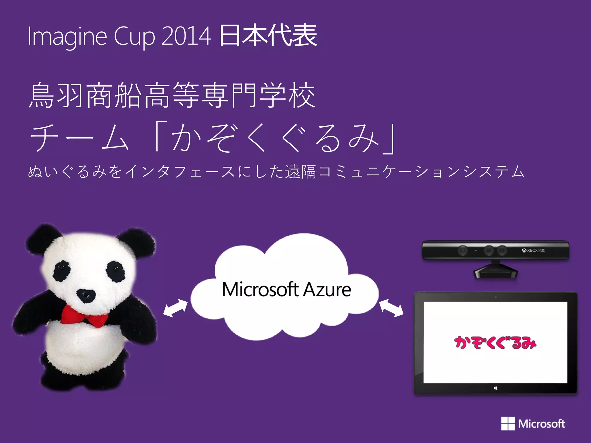 Imagine Cup 2014 日本代表
鳥羽商船高等専門学校
チーム「かぞくぐるみ」
ぬいぐるみをインタフェースにした遠隔コミュニケーションシステム
 