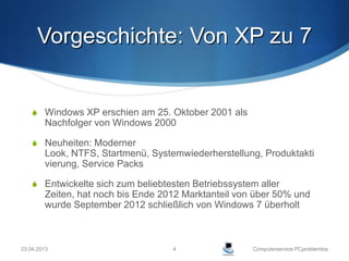 Vorgeschichte: Von XP zu 7


     Windows XP erschien am 25. Oktober 2001 als
        Nachfolger von Windows 2000

     Neuheiten: Moderner
        Look, NTFS, Startmenü, Systemwiederherstellung, Produktakti
        vierung, Service Packs

     Entwickelte sich zum beliebtesten Betriebssystem aller
        Zeiten, hat noch bis Ende 2012 Marktanteil von über 50% und
        wurde September 2012 schließlich von Windows 7 überholt



23.04.2013                          4                 Computerservice PCproblemlos
 