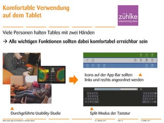 Komfortable Verwendung
auf dem Tablet

Viele Personen halten Tables mit zwei Händen
 Alle wichtigen Funktionen sollten dabei komfortabel erreichbar sein




                                                   Icons auf der App-Bar sollten
                                                   links und rechts angeordnet werden




            Durchgeführte Usability-Studie            Split-Modus der Tastatur
Metro-Style Apps für Windows 8 | Christian Moser        25. Oktober 2011   Folie 14   © Zühlke 2011
 