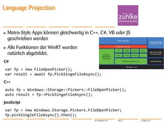 Language Projection


•   Metro-Style Apps können gleichwertig in C++, C#, VB oder JS
    geschrieben werden
•   Alle Funktionen der WinRT wurden
    natürlich abgebildet.
C#
var fp = new FileOpenPicker();
var result = await fp.PickSingeFileAsync();
C++
auto fp = Windows::Storage::Pickers::FileOpenPicker();
auto result = fp->PickSingeFileAsync();
JavaScript
var fp = new Windows.Storage.Pickers.FileOpenPicker;
fp.pickSingleFileAsync().then();
                                             20. September 2011   Folie 23   © Zühlke 2011
 