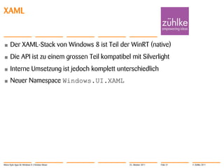 XAML


•      Der XAML-Stack von Windows 8 ist Teil der WinRT (native)
•      Die API ist zu einem grossen Teil kompatibel mit Silverlight
•      Interne Umsetzung ist jedoch komplett unterschiedlich
•      Neuer Namespace Windows.UI.XAML




Metro-Style Apps für Windows 8 | Christian Moser   25. Oktober 2011   Folie 31   © Zühlke 2011
 