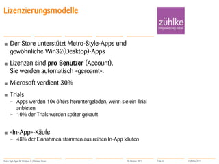 Lizenzierungsmodelle


•      Der Store unterstützt Metro-Style-Apps und
       gewöhnliche Win32(Desktop)-Apps
•      Lizenzen sind pro Benutzer (Account).
       Sie werden automatisch «geroamt».
•      Microsoft verdient 30%
•      Trials
       – Apps werden 10x öfters heruntergeladen, wenn sie ein Trial
         anbieten
       – 10% der Trials werden später gekauft


•      «In-App»-Käufe
       – 48% der Einnahmen stammen aus reinen In-App käufen


Metro-Style Apps für Windows 8 | Christian Moser          25. Oktober 2011   Folie 43   © Zühlke 2011
 