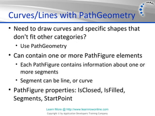 Curves/Lines with PathGeometry
• Need to draw curves and specific shapes that
  don't fit other categories?
  • Use PathGeometry
• Can contain one or more PathFigure elements
  • Each PathFigure contains information about one or
    more segments
  • Segment can be line, or curve
• PathFigure properties: IsClosed, IsFilled,
  Segments, StartPoint
              Learn More @ http://www.learnnowonline.com
              Copyright © by Application Developers Training Company
 