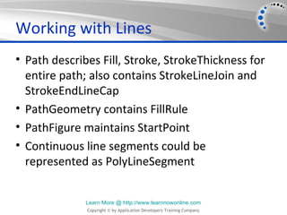 Working with Lines
• Path describes Fill, Stroke, StrokeThickness for
  entire path; also contains StrokeLineJoin and
  StrokeEndLineCap
• PathGeometry contains FillRule
• PathFigure maintains StartPoint
• Continuous line segments could be
  represented as PolyLineSegment


              Learn More @ http://www.learnnowonline.com
              Copyright © by Application Developers Training Company
 