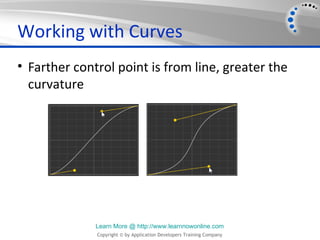 Working with Curves
• Farther control point is from line, greater the
  curvature




              Learn More @ http://www.learnnowonline.com
              Copyright © by Application Developers Training Company
 