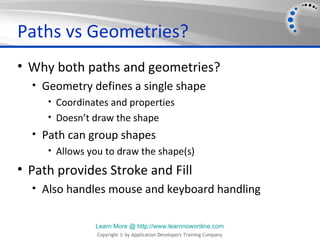 Paths vs Geometries?
• Why both paths and geometries?
  • Geometry defines a single shape
     • Coordinates and properties
     • Doesn’t draw the shape
  • Path can group shapes
     • Allows you to draw the shape(s)

• Path provides Stroke and Fill
  • Also handles mouse and keyboard handling


               Learn More @ http://www.learnnowonline.com
                Copyright © by Application Developers Training Company
 