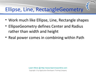 Ellipse, Line, RectangleGeometry
• Work much like Ellipse, Line, Rectangle shapes
• EllipseGeometry defines Center and Radius
  rather than width and height
• Real power comes in combining within Path




             Learn More @ http://www.learnnowonline.com
             Copyright © by Application Developers Training Company
 