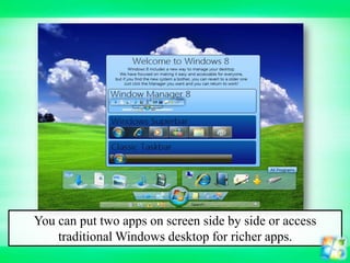 You can put two apps on screen side by side or access
traditional Windows desktop for richer apps.

 