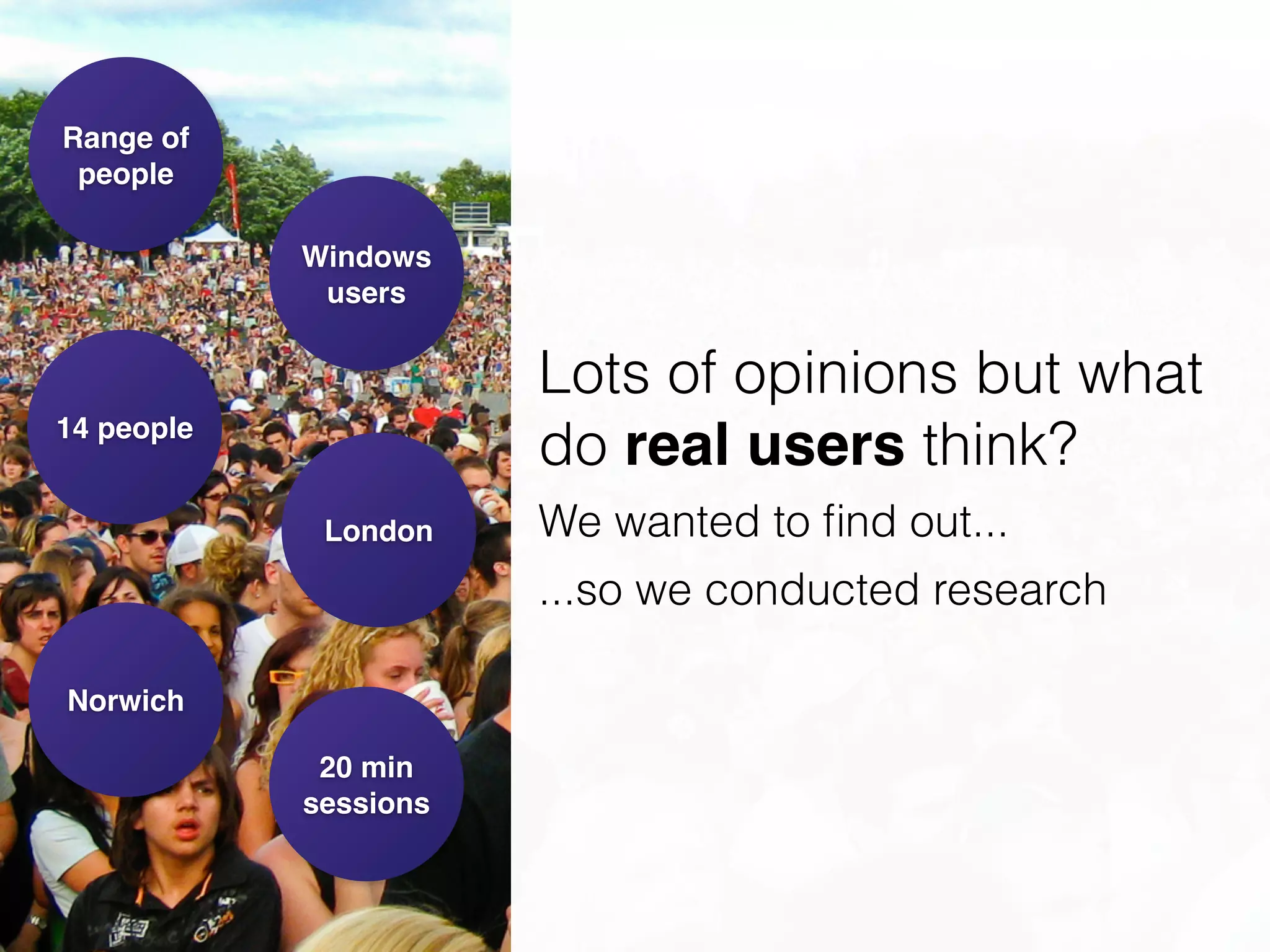14 people
London
Norwich
20 min 
sessions
Range of
people
Windows
users
Lots of opinions but what
do real users think?
We wanted to ﬁnd out...
...so we conducted research
 