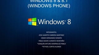 WINDOWS 8 & 8.1
(WINDOWS PHONE)

INTEGRANTES:
JOSE ALBERTO CABRERA MARTINEZ
OMAR HERNANDEZ DONATO
PABLO ADAIR CUAMATZI MONTAÑO
*JOAQUÍN ARTURO DOMÍNGUEZ PABLO
*YETHZEL CORTES ALONSO

 