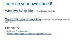 Windows 8 App labs

Windows 8 Camp in a box


Build your first Store app
Windows Store apps for Absolute Beginners with C#
 