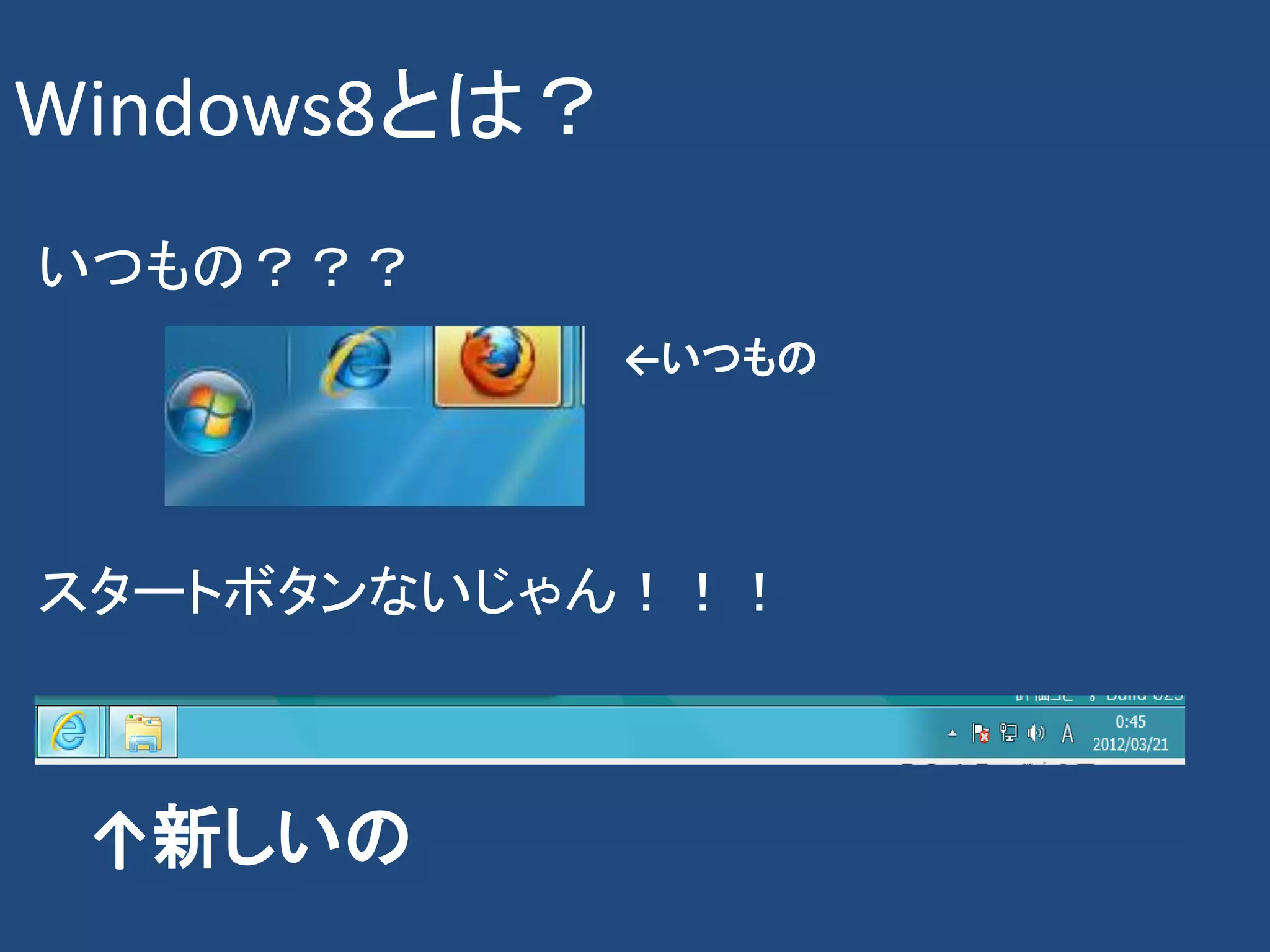 Windows8とは？
いつもの？？？
              ←いつもの




スタートボタンないじゃん！！！



 ↑新しいの
 