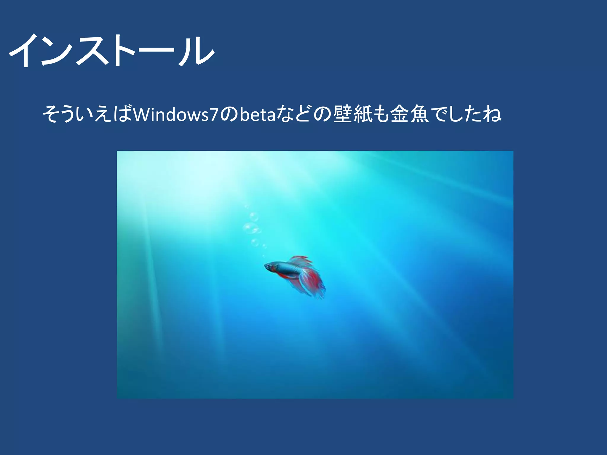 インストール
 そういえばWindows7のbetaなどの壁紙も金魚でしたね
 