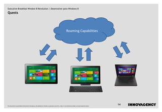 Executive Breakfast Window 8 Revolution | Desenvolver para Windows 8
Quests




                                                                                                                       Roaming Capabilities




Este documento é propriedade intelectual de innovagency, não podendo ser alterado ou usado para outro fim, a não ser o previamente acordado, sem autorização do mesmo.
                                                                                                                                                                         14
 