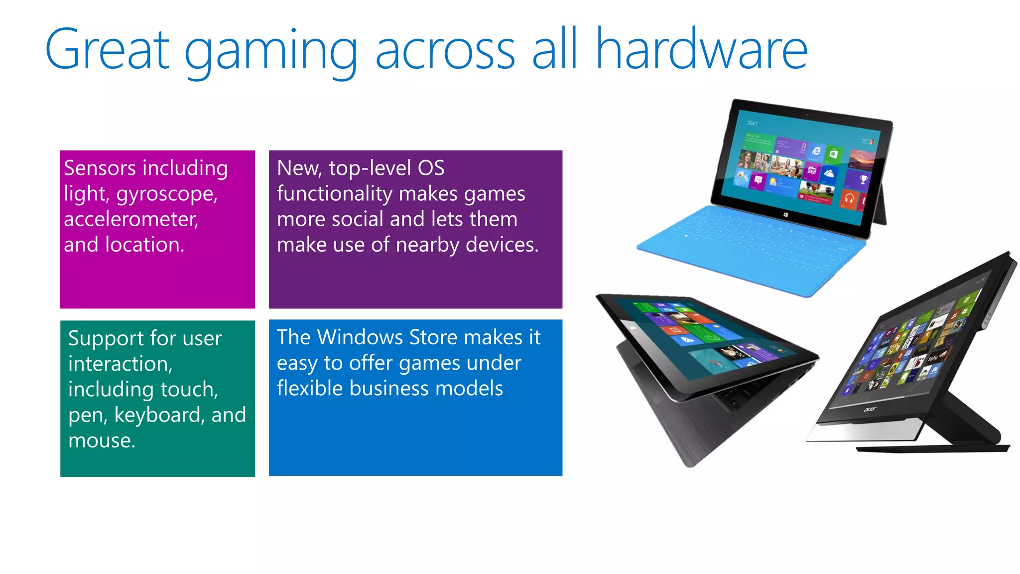 Sensors including    New, top-level OS
light, gyroscope,    functionality makes games
accelerometer,       more social and lets them
and location.        make use of nearby devices.



Support for user     The Windows Store makes it
interaction,         easy to offer games under
including touch,     flexible business models
pen, keyboard, and
mouse.
 