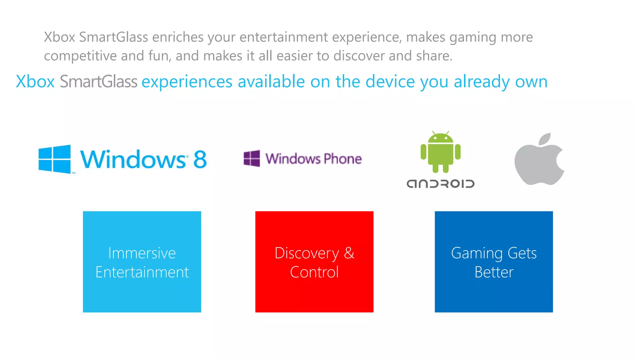 Xbox SmartGlass enriches your entertainment experience, makes gaming more
  competitive and fun, and makes it all easier to discover and share.
Xbox            experiences available on the device you already own




           Immersive                Discovery &               Gaming Gets
         Entertainment                Control                   Better
 