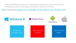 Xbox SmartGlass enriches your entertainment experience, makes gaming more
  competitive and fun, and makes it all easier to discover and share.
Xbox            experiences available on the device you already own




           Immersive                Discovery &               Gaming Gets
         Entertainment                Control                   Better
 