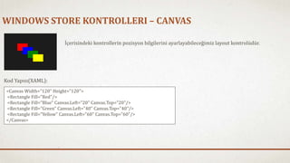 WINDOWS STORE KONTROLLERI – CANVAS 
İçerisindeki kontrollerin pozisyon bilgilerini ayarlayabileceğimiz layout kontrolüdür. 
Kod Yapısı(XAML): 
<Canvas Width="120" Height="120"> 
<Rectangle Fill="Red"/> 
<Rectangle Fill="Blue" Canvas.Left="20" Canvas.Top="20"/> 
<Rectangle Fill="Green" Canvas.Left="40" Canvas.Top="40"/> 
<Rectangle Fill="Yellow" Canvas.Left="60" Canvas.Top="60"/> 
</Canvas> 
 