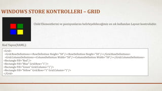 WINDOWS STORE KONTROLLERI – GRID 
Child Elementlerini ve pozisyonlarını belirleyebileceğimiz en sık kullanılan Layout kontrolüdür. 
Kod Yapısı(XAML): 
<Grid> 
<Grid.RowDefinitions><RowDefinition Height="50"/><RowDefinition Height="50"/></Grid.RowDefinitions> 
<Grid.ColumnDefinitions><ColumnDefinition Width="50"/><ColumnDefinition Width="50"/></Grid.ColumnDefinitions> 
<Rectangle Fill="Red"/> 
<Rectangle Fill="Blue" Grid.Row="1"/> 
<Rectangle Fill="Green" Grid.Column="1"/> 
<Rectangle Fill="Yellow" Grid.Row="1" Grid.Column="1"/> 
</Grid> 
 