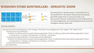 WINDOWS STORE KONTROLLERI – SEMANTIC ZOOM 
SemanticZoom 2 alandan oluşur: ZoomedInView ve 
ZoomedOutView. Bu alanlar dokunmatik ekranlarda 
genellikle başparmak ve işaret parmağı ya da 
dokunmatik olmayan makinelerde mouse kullanarak bir 
yeri büyüttüğünüzde veya küçülttüğünüzde görünmesini 
istediğiniz alanları ifade eder. 
Kod Yapısı(XAML): 
<SemanticZoom HorizontalAlignment="Left" Margin="94,156,0,0" VerticalAlignment="Top" Height="354" Width="692"> 
<SemanticZoom.ZoomedInView> 
<GridView ScrollViewer.IsHorizontalScrollChainingEnabled="False" ScrollViewer.IsVerticalScrollChainingEnabled="False"> 
<x:String>Item 1</x:String><x:String>Item 2</x:String> </GridView> 
</SemanticZoom.ZoomedInView><SemanticZoom.ZoomedOutView> 
<GridView ScrollViewer.IsHorizontalScrollChainingEnabled="False« ScrollViewer.IsVerticalScrollChainingEnabled="False"> 
<x:String>Item 3</x:String><x:String>Item 4</x:String></GridView> 
</SemanticZoom.ZoomedOutView> 
</SemanticZoom> 
 