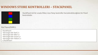 WINDOWS STORE KONTROLLERI – STACKPANEL 
StackPanel tek bir sırada Dikey veya Yatay kontroller barındırabileceğimiz bir Panel 
kontrolüdür. 
Kod Yapısı(XAML): 
<StackPanel> 
<Rectangle Fill="Red"/> 
<Rectangle Fill="Blue"/> 
<Rectangle Fill="Green"/> 
<Rectangle Fill="Yellow"/> 
</StackPanel> 
 