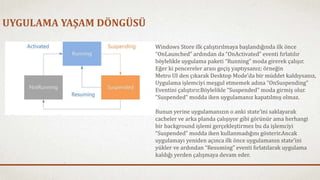 UYGULAMA YAŞAM DÖNGÜSÜ 
Windows Store ilk çalıştırılmaya başlandığında ilk önce 
“OnLaunched” ardından da “OnActivated” eventi fırlatılır 
böylelikle uygulama paketi “Running” moda girerek çalışır. 
Eğer ki pencereler arası geçiş yaptıysanız; örneğin 
Metro UI den çıkarak Desktop Mode’da bir müddet kaldıysanız, 
Uygulama işlemciyi meşgul etmemek adına “OnSuspending” 
Eventini çalıştırır.Böylelikle “Suspended” moda girmiş olur. 
”Suspended” modda iken uygulamanız kapatılmış olmaz. 
Bunun yerine uygulamanızın o anki state’ini saklayarak 
cacheler ve arka planda çalışıyor gibi görünür ama herhangi 
bir background işlemi gerçekleştirmez bu da işlemciyi 
“Suspended” modda iken kullanmadığını gösterir.Ancak 
uygulamayı yeniden açınca ilk önce uygulamanın state’ini 
yükler ve ardından “Resuming” eventi fırlatılarak uygulama 
kaldığı yerden çalışmaya devam eder. 
 