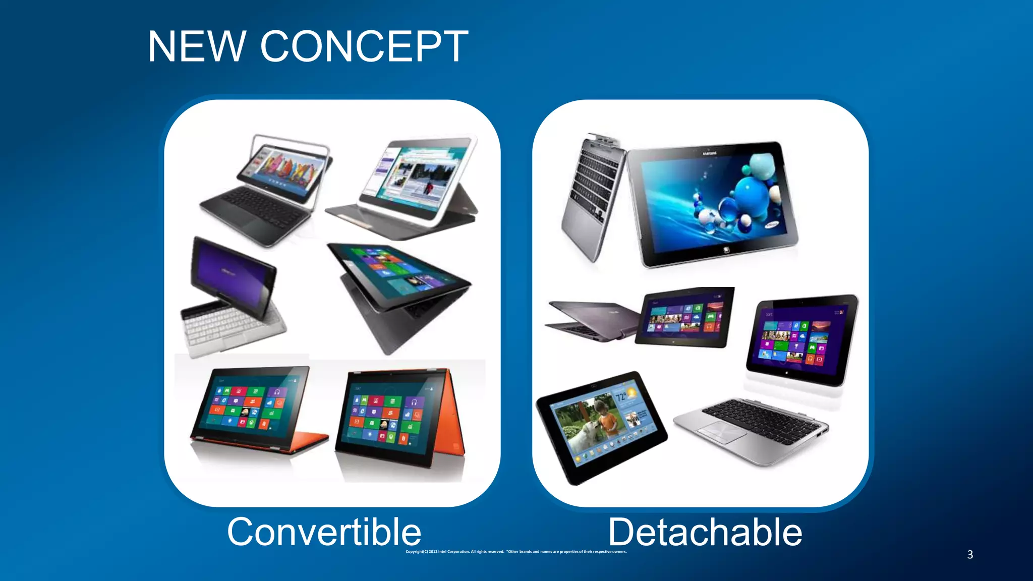 NEW CONCEPT




  Convertible                                                                                                                Detachable
            Copyright(C) 2012 Intel Corporation. All rights reserved. *Other brands and names are properties of their respective owners.
                                                                                                                                           3
 