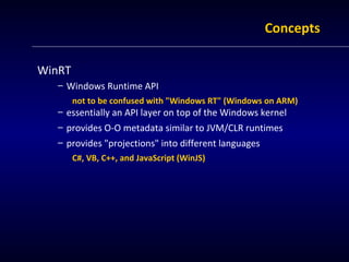 Concepts

WinRT
   – Windows Runtime API
        not to be confused with "Windows RT" (Windows on ARM)
   – essentially an...