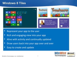 Windows 8 Tiles




   •    Represent your app to the user
   •    Rich and engaging view into your app
   •    Alive with...