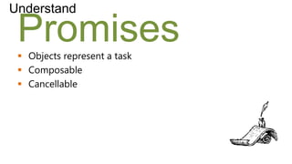 Understand

 Promises
  Objects represent a task
  Composable
  Cancellable
 