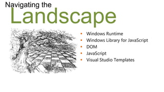 Navigating the

 Landscape
                    Windows Runtime
                    Windows Library for JavaScript
                    DOM
                    JavaScript
                    Visual Studio Templates
 