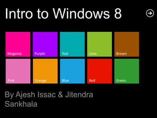 Intro to Windows 8

Magenta   Purple   Teal   Lime   Brown




Pink      Orange   Blue   Red    Green


By Ajesh Issac & Jitendra
Sankhala
 