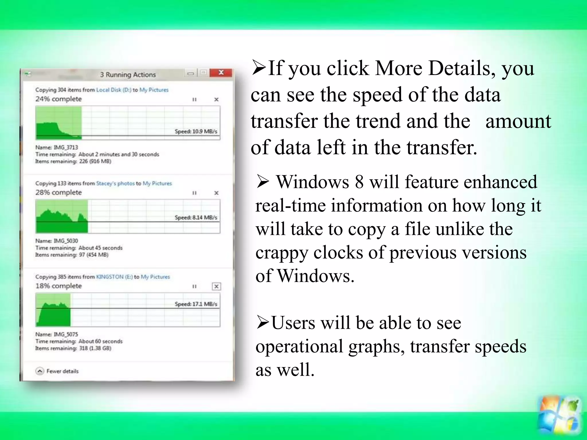 If you click More Details, you
can see the speed of the data
transfer the trend and the amount
of data left in the transfer.
 Windows 8 will feature enhanced
real-time information on how long it
will take to copy a file unlike the
crappy clocks of previous versions
of Windows.
Users will be able to see
operational graphs, transfer speeds
as well.
 