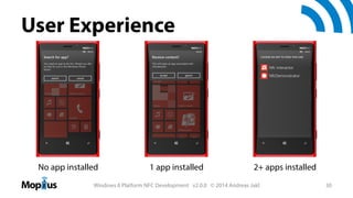 User Experience

No app installed

1 app installed

2+ apps installed

Windows 8 Platform NFC Development v2.0.0 © 2014 An...
