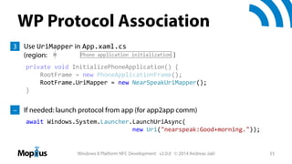 WP Protocol Association
3 Use UriMapper in App.xaml.cs
(region:

)

private void InitializePhoneApplication() {
RootFrame ...