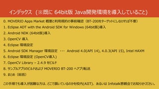 インデックス (※既に 64bit版 Java開発環境を導入していること)
0. MOVERIO Apps Market 概要と利用規約の事前確認（BT-200をターゲットにしなければ不要）
1. Eclipse ADT with the Android SDK for Windows (64bit版)導入
2. Android NDK (64bit版)導入
3. OpenCV 導入
4. Eclipse 環境設定
5. Android SDK Manager 環境設定 ・・・ Android 4.0(API 14), 4.0.3(API 15), Intel HAXM
6. Eclipse 環境設定 (OpenCV導入)
7. OpenCV Library – 2.4.9 をビルド
8. サンプルアプリのビルドおよび MOVERIO BT-200 へアプリ転送
9. まとめ（総括）
この手順でも導入が困難な方は、どこで躓いているのかを校内(AIIT)、 あるいは Infotalk懇親会でお知らせください。
 