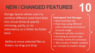 NEW / CHANGED FEATURES 10Storage Spaces allows users to
combine different sized hard disks
into virtual drives & specify
mirroring, parity, or no
redundancy on a folder-by-folder
basis.
Ability to move selected files or
folders via drag and drop
Redesigned Task Manager
• New processes tab
• Heat map using different
colors indicating the level of
resource usage
• Network and disk counters
• Grouping by process type
• Friendly names for processes
• Blue Screen of Death updated
w/ a simpler & modern design
 