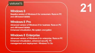 Windows 8
Baselineversion of Windows8 for consumers Runson PC
and x86-basedtablets
Windows8 Pro
Advanced version of Windows8 for business Runson PC
and x86-basedtablets
Enhancedvirtualization, file system encryption
Windows8 Enterprise
Advanced version of Windows8 for enterprise RunsonPC
Enhancedvirtualization, advanced security PC
management and deployment WindowsTo Go
21
VARIANTS
 