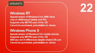 Windows RT
Specialversion of Windows8 for ARM Runs
only on ARM-based tablets and PCs
Supportsonly METROpart of the OS
Cannot be purchased, preinstalled on device
Windows Phone 8
Specialversion of Windows8 for mobile phones
Supportsonly METROpart of the OS
Stillhasa lot of differencesdespite shared OScore
Cannot be purchased, preinstalled on device
22
VARIANTS
 