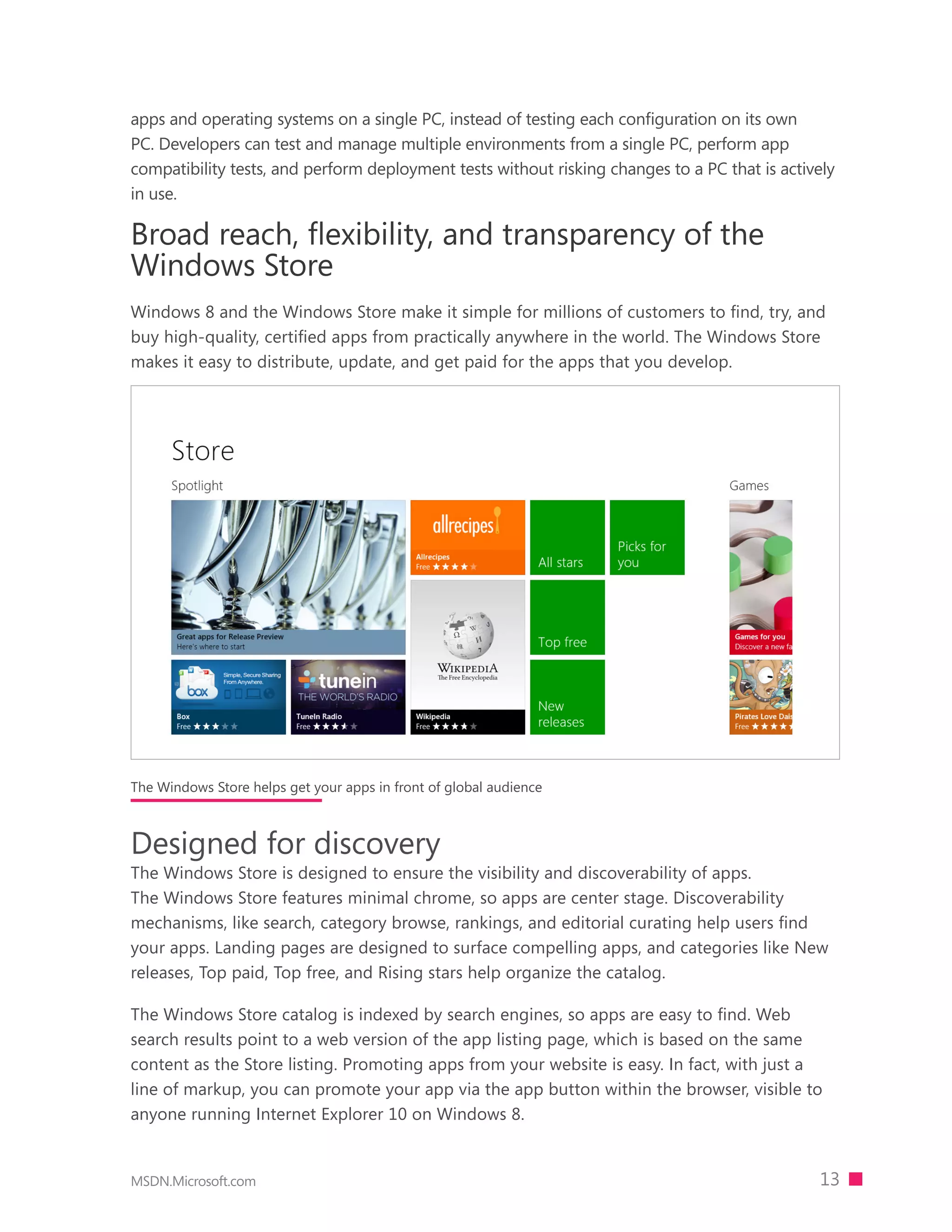apps and operating systems on a single PC, instead of testing each configuration on its own
PC. Developers can test and manage multiple environments from a single PC, perform app
compatibility tests, and perform deployment tests without risking changes to a PC that is actively
in use.

Broad reach, flexibility, and transparency of the
Windows Store
Windows 8 and the Windows Store make it simple for millions of customers to ﬁnd, try, and
buy high-quality, certified apps from practically anywhere in the world. The Windows Store
makes it easy to distribute, update, and get paid for the apps that you develop.




The Windows Store helps get your apps in front of global audience



Designed for discovery
The Windows Store is designed to ensure the visibility and discoverability of apps.
The Windows Store features minimal chrome, so apps are center stage. Discoverability
mechanisms, like search, category browse, rankings, and editorial curating help users find
your apps. Landing pages are designed to surface compelling apps, and categories like New
releases, Top paid, Top free, and Rising stars help organize the catalog.

The Windows Store catalog is indexed by search engines, so apps are easy to find. Web
search results point to a web version of the app listing page, which is based on the same
content as the Store listing. Promoting apps from your website is easy. In fact, with just a
line of markup, you can promote your app via the app button within the browser, visible to
anyone running Internet Explorer 10 on Windows 8.


MSDN.Microsoft.com                                                                             13
 