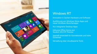 Windows RT
Innovation in Sachen Hardware und Software
Ausführung von Windows Store-Apps und
neuer Windows-Branchenapps
Nur integrierte Desktop-Apps
Inklusive Office Home and
Student 2013 RT Preview
Speziell entwickelt für Konnektivität und hohe
Sicherheit
Verwaltung über cloudbasierte Tools
 