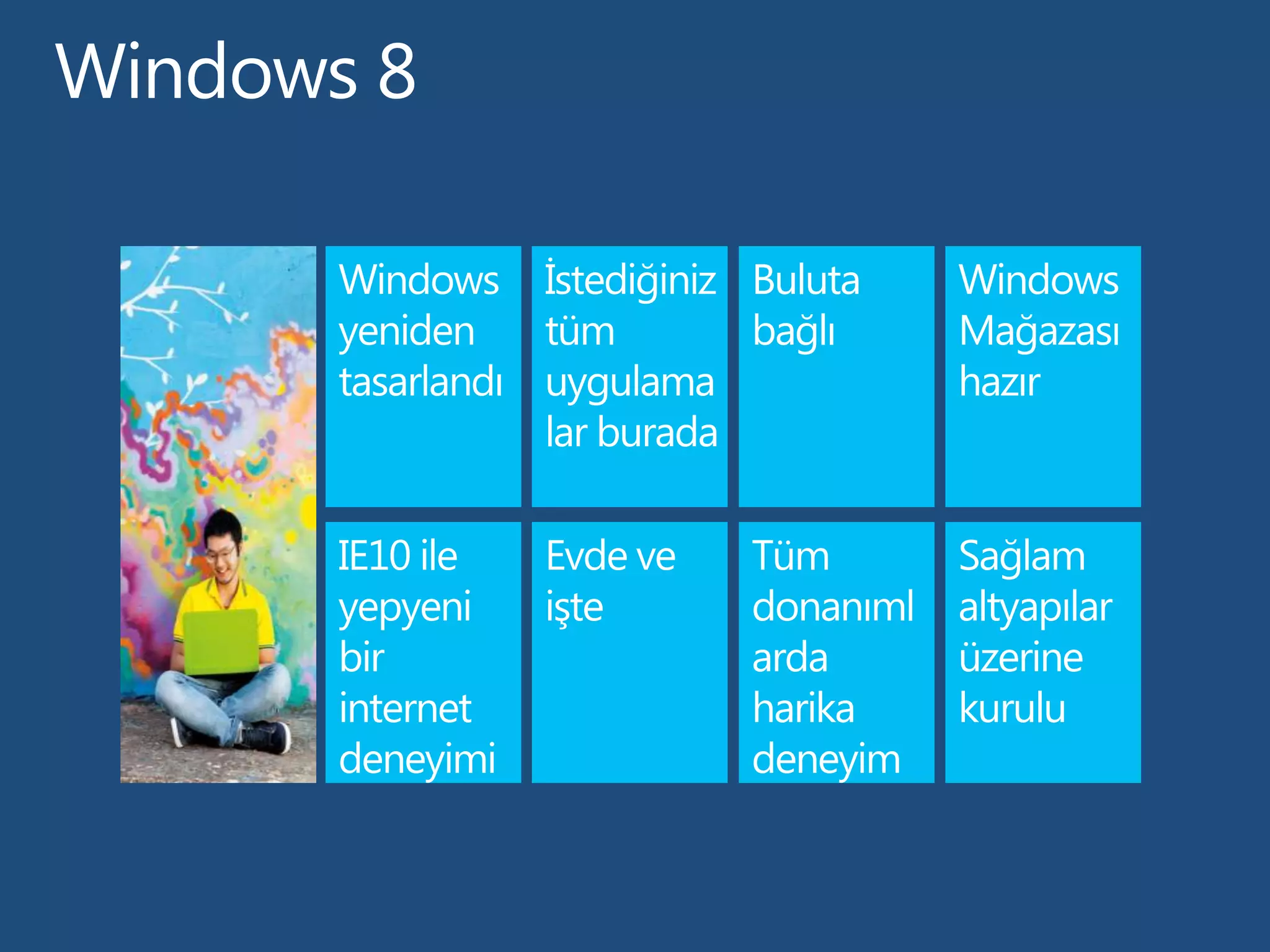 Windows 8

       Windows İstediğiniz Buluta      Windows
       yeniden    tüm        bağlı     Mağazası
       tasarlandı uygulama             hazır
                  lar burada

       IE10 ile   Evde ve   Tüm        Sağlam
       yepyeni    işte      donanıml   altyapılar
       bir                  arda       üzerine
       internet             harika     kurulu
       deneyimi             deneyim
 