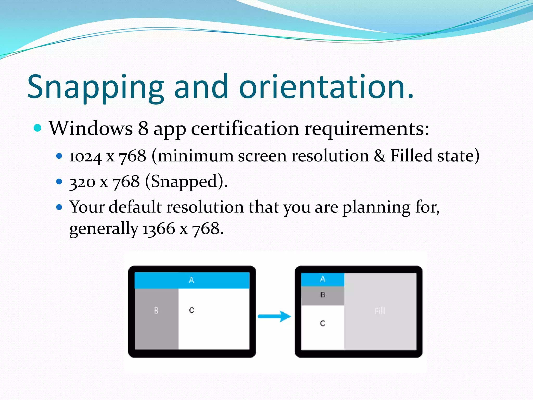 Snapping and orientation.
 Windows 8 app certification requirements:
 1024 x 768 (minimum screen resolution & Filled state)
 320 x 768 (Snapped).
 Your default resolution that you are planning for,
generally 1366 x 768.
 