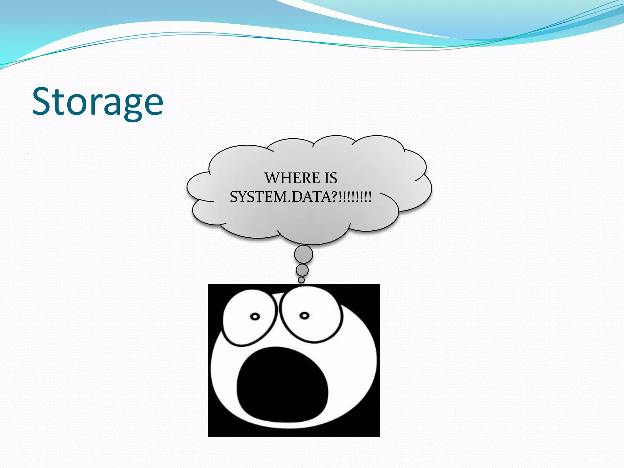 Storage
WHERE IS
SYSTEM.DATA?!!!!!!!!
 