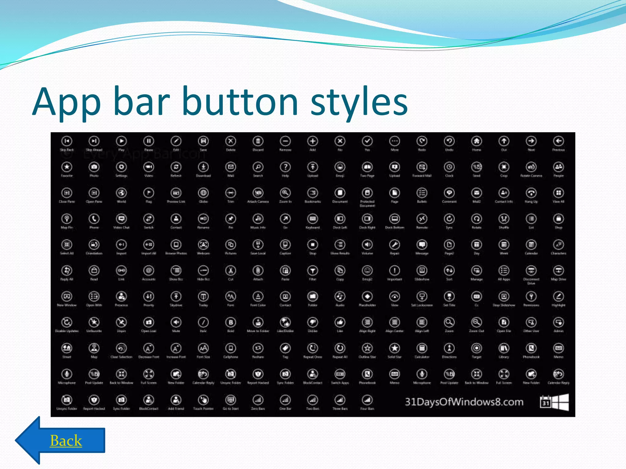 App bar button styles
Back
 