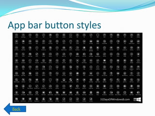 App bar button styles
Back
 