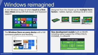 A new Windows 8 App UI where touch is a first-
class citizen along with full mouse-and-keyboard
support
New development models built on WinRT,
including native support for HTML/CSS/JS,
C#/XAML, C++/DirectX
Designed from the chipset up for multiple form-
factors – tablets, laptops, desktops & all-in-ones
The Windows Store on every device with a full
commerce platform and flexibility
 