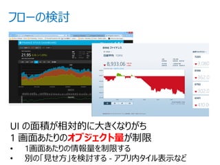 UI の面積が相対的に大きくなりがち
1 画面あたりのオブジェクト量が制限
•   1画面あたりの情報量を制限する
•   別の「見せ方」を検討する - アプリ内タイル表示など
 