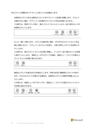 次のコマンド配置のガイドラインに従うことをお勧めします。
永続的なコマンドまたは既定のコマンドをアプリ バーの右側に配置します。コマンド
の数が少ない場合、アプリ バーは右側だけにコマンドがある状態になります。
この例では、参照コマンド用に、表示コマンド セットとフィルター/並べ替えセットが
永続的になっています。

エッジ（端）を使います。コマンドの数が多い場合、それぞれのコマンド セットを左
側と右側に分けて、アプリ バーのバランスを取り、人間工学的にコマンドを利用しや
すくします。
この例では、表示コマンド セットを左側に移動し、フィルター/並べ替えセットは右側
に残すことにします。 地図ビューがアクティブな場合、地図ビュー コマンドが表示コ
マンド セットの右側に表示されます。

無効なコマンドを表示または非表示にします。特定の状況に無関係なコマンドがあり
ます。それらのコマンドを表示する場合は、永続的なコマンドの順序を邪魔しないよ
うにします。
この例では、地図ビューがアクティブで、地図ビュー コマンドが表示コマンド セット
の右側に表示されます。

106

© 2013 Microsoft Corporation. All rights reserved.

 