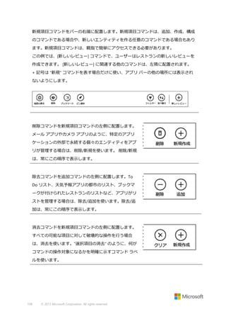 新規項目コマンドをバーの右端に配置します。新規項目コマンドは、追加、作成、構成
のコマンドである場合や、新しいエンティティを作る任意のコマンドである場合もあり
ます。新規項目コマンドは、親指で簡単にアクセスできる必要があります。
この例では、[新しいレビュー] コマンドで、ユーザーはレストランの新しいレビューを
作成できます。 [新しいレビュー] に関連する他のコマンドは、左隣に配置されます。
+ 記号は "新規" コマンドを表す場合だけに使い、アプリ バーの他の場所には表示され
ないようにします。

削除コマンドを新規項目コマンドの左側に配置します。
メール アプリやカメラ アプリのように、特定のアプリ
ケーションの外部で永続する個々のエンティティをアプ
リが管理する場合は、削除/新規を使います。 削除/新規
は、常にこの順序で表示します。

除去コマンドを追加コマンドの左側に配置します。To
Do リスト、天気予報アプリの都市のリスト、ブックマ
ークが付けられたレストランのリストなど、アプリがリ
ストを管理する場合は、除去/追加を使います。除去/追
加は、常にこの順序で表示します。

消去コマンドを新規項目コマンドの左側に配置します。
すべての可能な項目に対して破壊的な操作を行う場合
は、消去を使います。"選択項目の消去" のように、何が
コマンドの操作対象になるかを明確に示すコマンド ラベ
ルを使います。

108

© 2013 Microsoft Corporation. All rights reserved.

 
